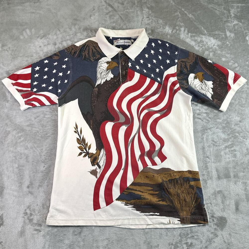 American Summer Eagle Flag Polo Shirt L USA Patriotic Print 100% Cotton
